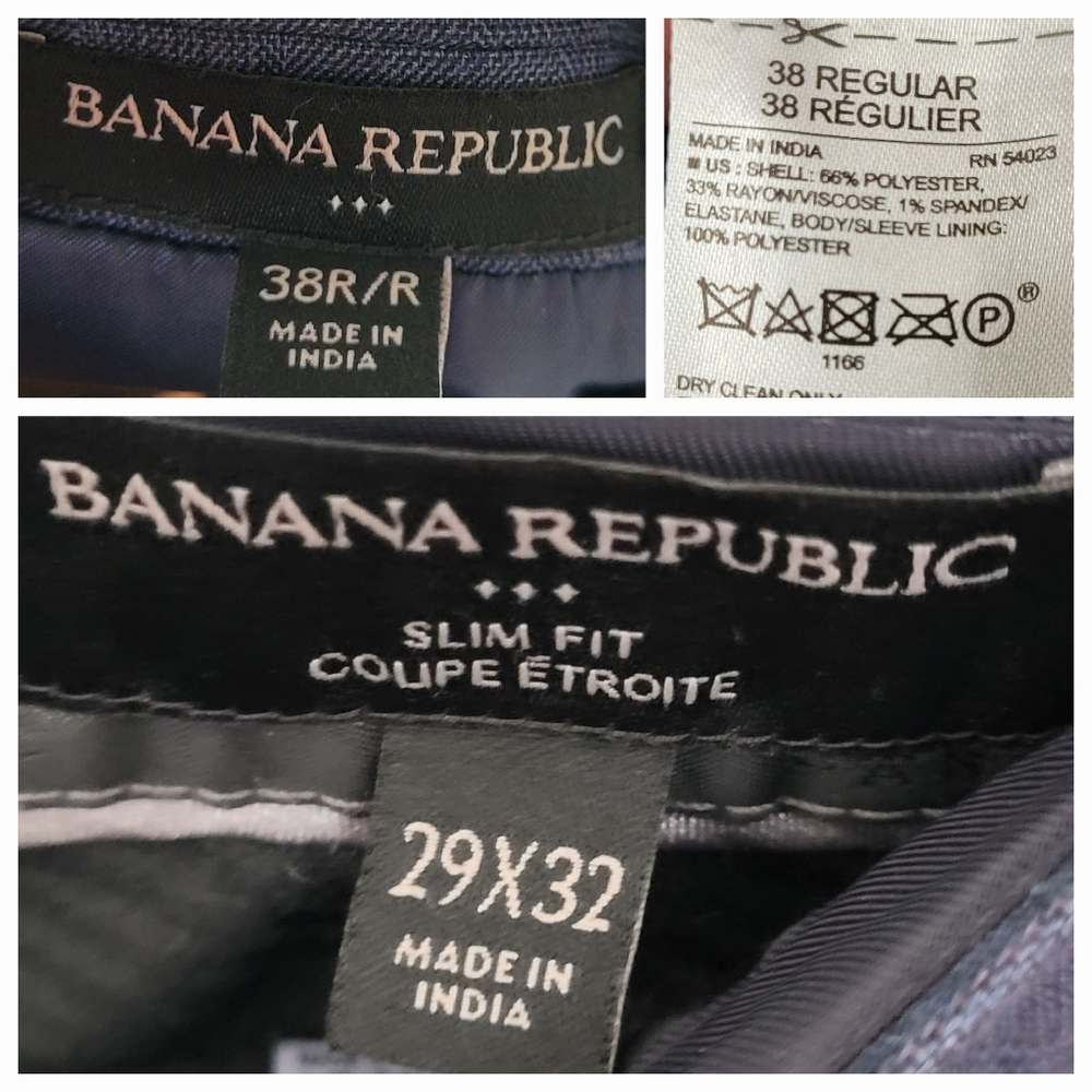 BANANA REPUBLIC FACTORY SLIM FIT SUIT JACKET 38R & DRESS PANTS 29X32 NAVY PLAID - Picture 16 of 16